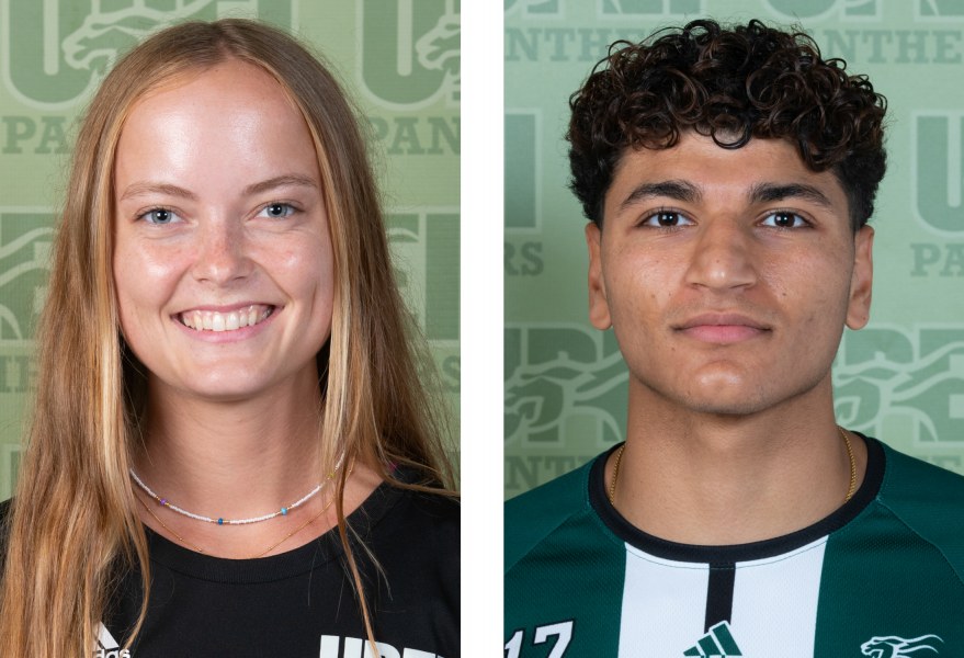 Smiling headshots of a female and a male athlete in green and white Panthers gear