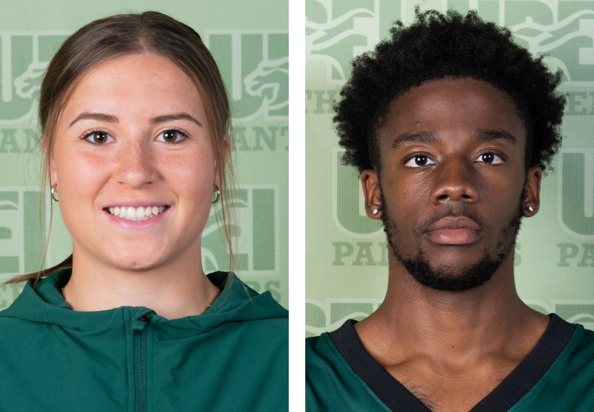 Close-up photographs of a female and a male student athlete in geen Panthers athletics gear