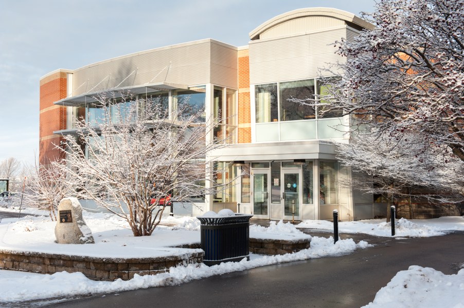 Exterior photo of the W. A. Murphy Student Centre on a sunny winter day with snow on the ground