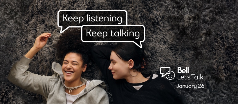 photo of two women listening and talking with Bell Let's Talk graphic