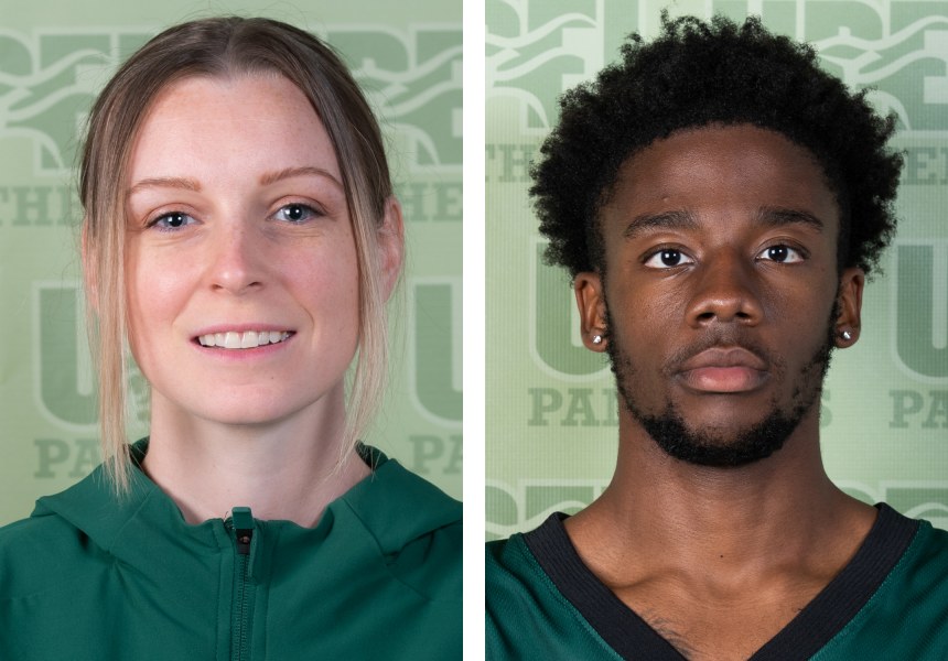 side by side portrait photos of female and male student-athletes