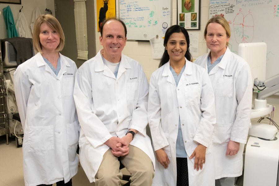 AVC's cardiology team from left; Dr. Lynne O'Sullivan, Dr. Étienne Côté, Dr. Deepmala Agarwal, and Elaine Reveler, veterinary technician.