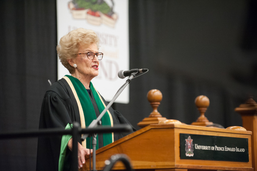 Chancellor Callbeck at her installation ceremony in 2018 Photo of woman wearing academic dress standing at a podium