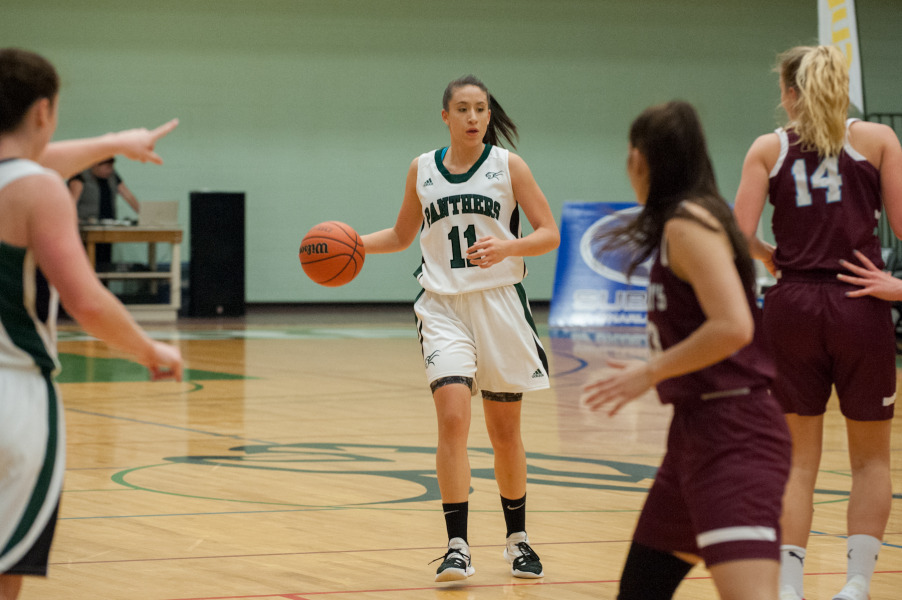 Female basketball player dribbling the ball during a game