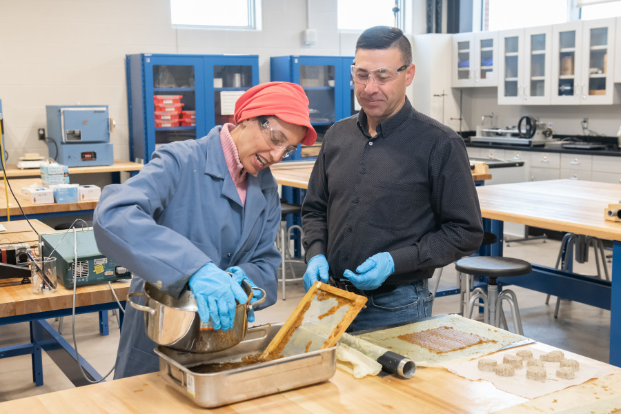 Dr. Rasha El Shafei, associate dean of sustainable design engineering at the UPEI Cairo campus, visited PEI in 2019. Here she demonstrates a design project for first-year students to Dr. Wayne Peters, interim dean of the Faculty of Sustainable Design Engineering. Dr. Rasha El Shafei, associate dean of sustainable design engineering at the UPEI Cairo campus, and Dr. Wayne Peters, interim dean of the Faculty of Sustainable Design Engineering