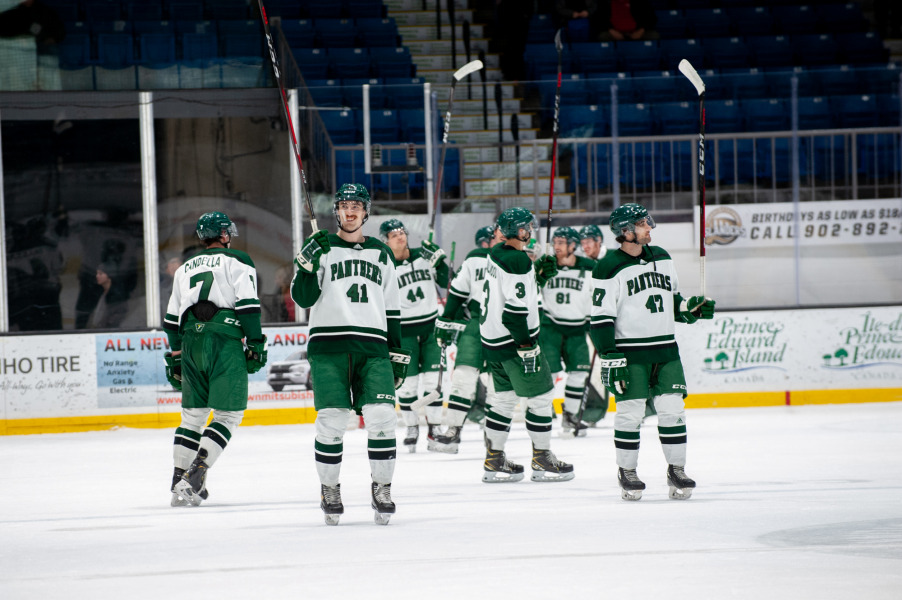 The UPEI Men's Hockey Panthers acknowledge the home crowd following an 8-4 win over the Saint Mary's Huskies on November 18.