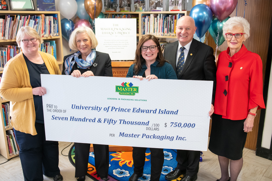 Left to right: Sheryl O’Hanley, principal of Georgetown Elementary School, one of the participating schools; Mary-Jean Irving, CEO of Master Packaging; Emily Cook-McDonald, project manager; Dr. Greg Keefe, interim president and vice-chancellor of UPEI; and the Honourable Catherine Callbeck, chancellor of UPEI.