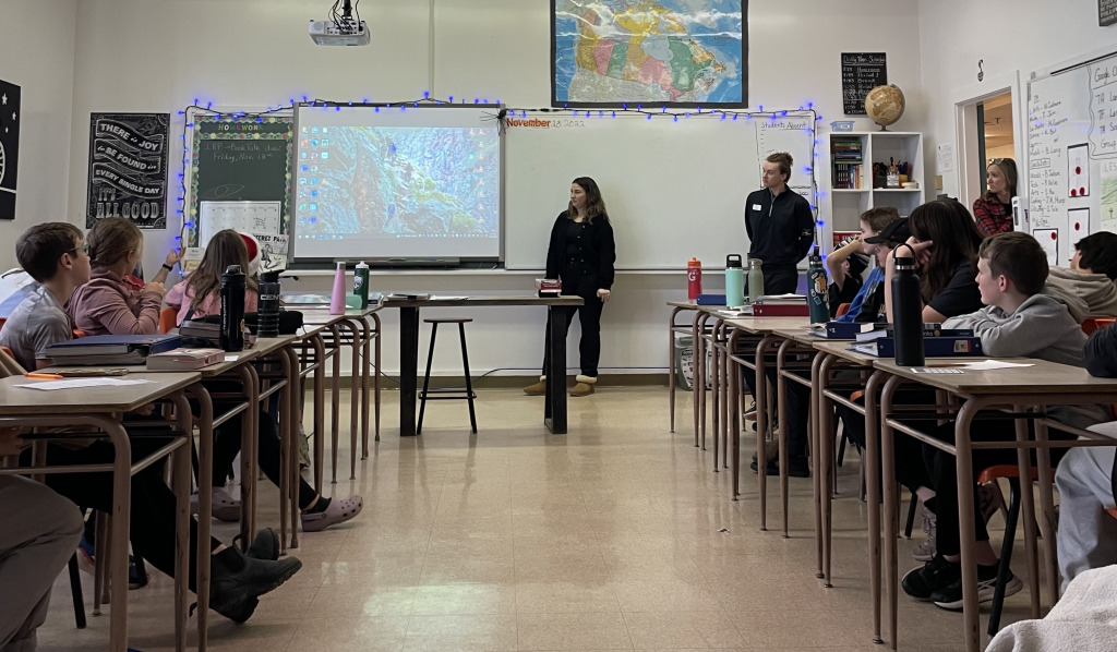 UPEI Faculty of Nursing students Lauren Giroux and Ben MacMillan conduct a Youth Vaping Awareness Day educational session with a grade 7 class at Birchwood Intermediate.