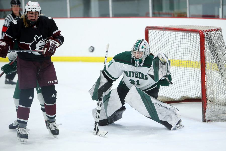 Reigning UPEI Athlete of the Week Sarah Forsythe gets ready to make a save in a 3-1 win over Saint Mary’s University on January 13.