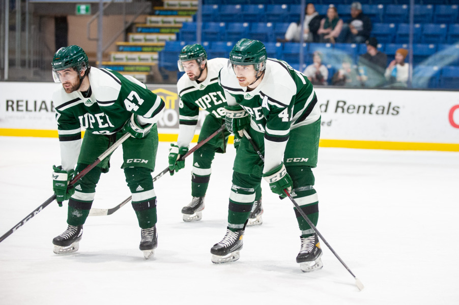 The UPEI Men’s Hockey Panthers line up for a faceoff in a game against the Université de Moncton Aigle Bleus on January 4. The Panthers return home January 27 for a big game against the Saint Mary’s Huskies.