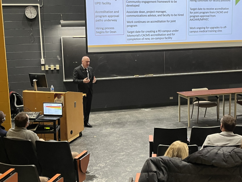 Dr. Greg Keefe, UPEI’s interim President and Vice-Chancellor, gives an update about the new Faculty of Medicine to members of the campus community. Dr. Greg Keefe