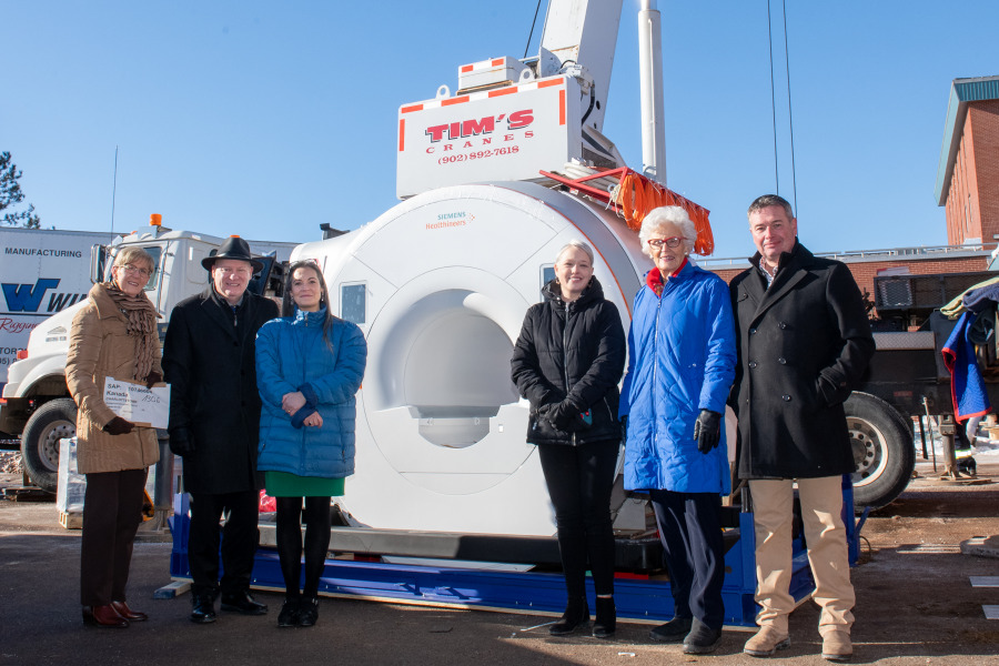 The new MRI scanner arrived at AVC on Thursday, February 9. There to witness its arrival were, from left to right, Myrtle Jenkins-Smith, Dr. Greg Keefe, Dr. Heather Gunn-McQuillan, Dr. Anne Marie Carey, Honourable Catherine Callbeck, and Marven MacLean.
