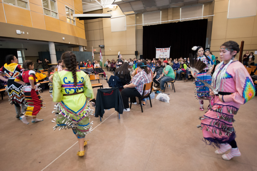 Indigenous dancers wearing regalia dance at a pow wow held at UPEI in 2017. Indigenous dancers in regalia