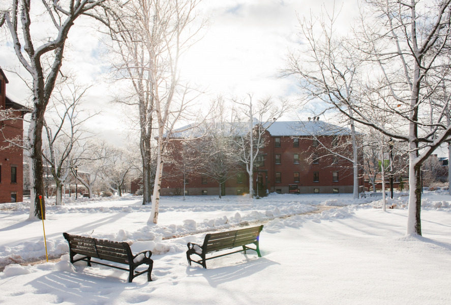 photo of brick building on campus during winter