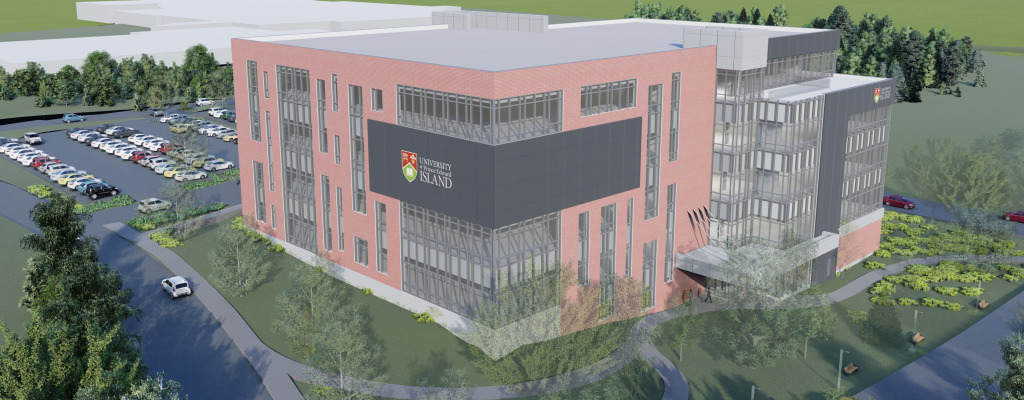 Architectural rendering of the new facility currently under construction on the UPEI campus, which will house the Faculty of Medicine, patient medical home, Doctor of Psychology Clinic, Adult ADHD Clinic, and interprofessional health simulation and clinical training centre.