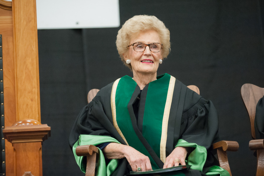 The Honourable Catherine Callbeck, who has served as UPEI's Chancellor since 2018, will complete her term in June. photo of woman sitting down wearing academic regalia