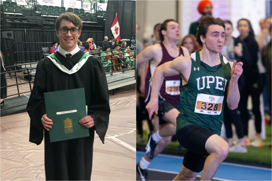 Zach Wilson after receiving his degree during UPEI Convocation on May 18 (left) and competing during a track and field event (right) Zach Wilson after receiving his degree during UPEI Convocation on May 18 (left) and competing during a track and field event (right)