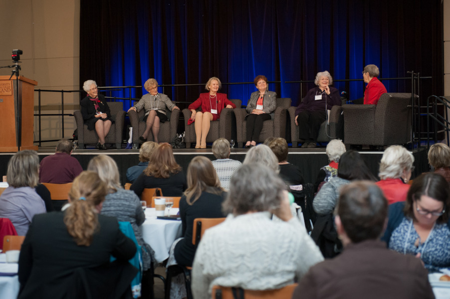 L-R: The Honourable Marion Reid, the Honourable Catherine Callbeck, Libbe Hubley, Pat Mella, and Nancy Guptill partiicpated in a public forum hosted by UPEI in 2018 to mark the 25th anniversary of the the PEI Famous Five. PEI Famous Five