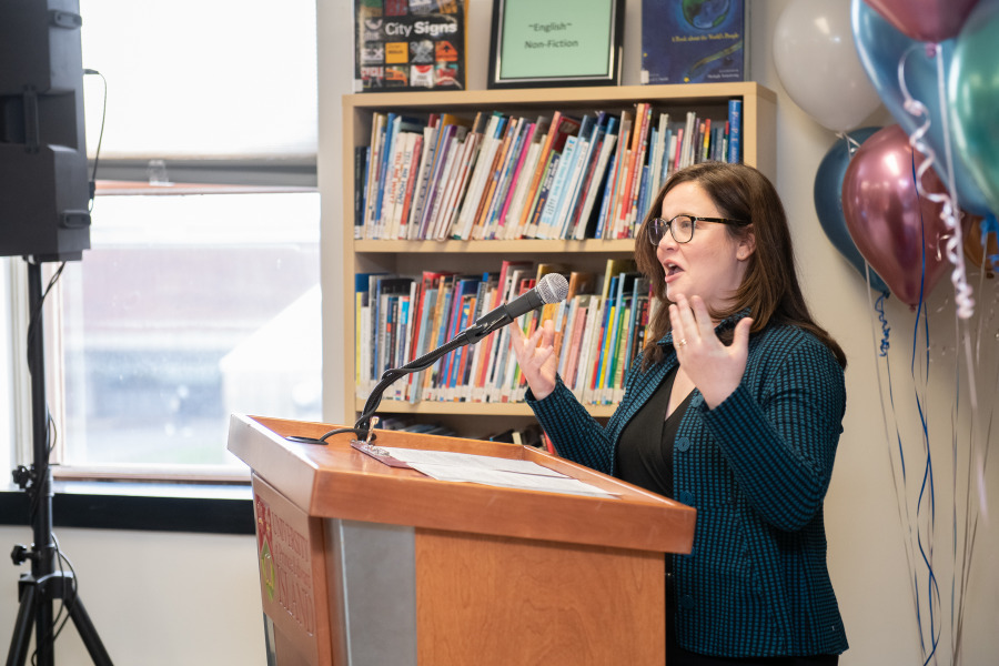 Emily Cook-Mcdonald speaks at the official launch of the Literacy and Numeracy Outreach Project in November of 2022. Emily Cook-Mcdonald