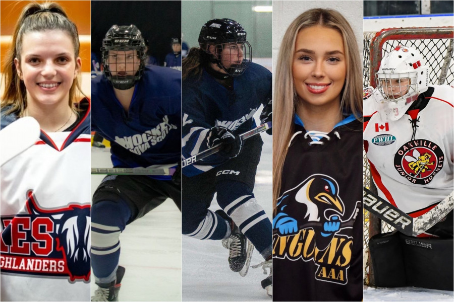 New UPEI Women’s Hockey Panthers recruits Hayden Lilly, Brooke Thomson, Sarah Fraser, Brooke Henderson, and Erin Cabaday.