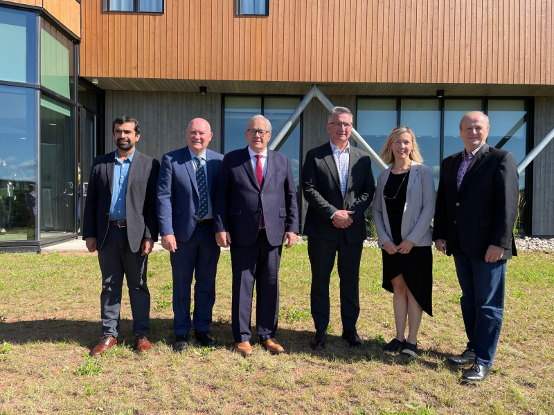 Left to right: Dr. Aitazaz Farooque, Interim Dean, UPEI School of Climate Change and Adaptation; Dr. Greg Keefe, UPEI President and Vice-Chancellor (interim); Honourable Lawrence MacAulay, Minister of Agriculture and Agri-Food Canada; Heath MacDonald, MP for Malpeque; Andrea McKenna, Executive Director, East Prince Agri-Environment Association; Bobby Morrissey, MP for Egmont Living Lab announcement