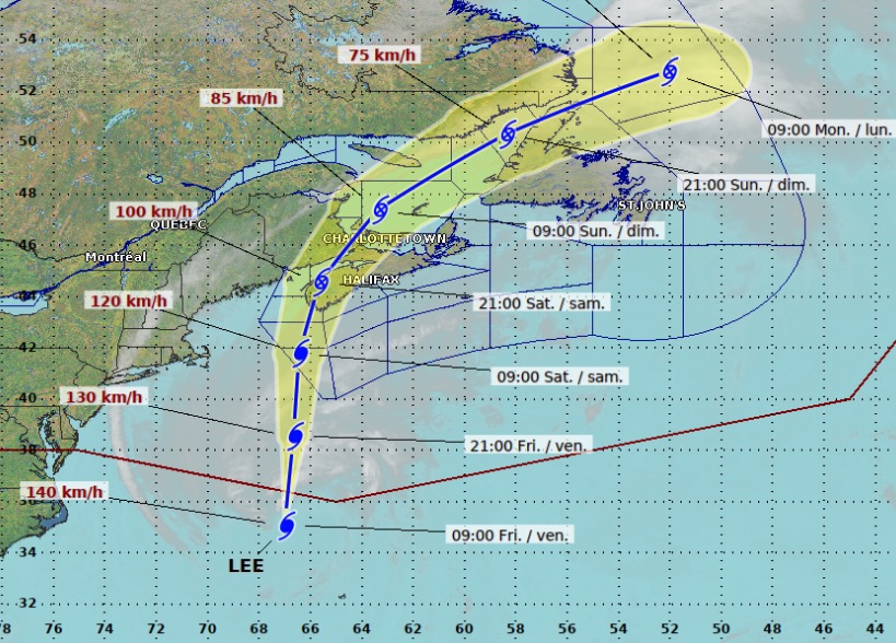 Hurricane track for Lee, courtesy of Environment Canada and the Canadian Hurricane Centre as of 9:00 am ADT, September 15, 2023 image of hurricane map