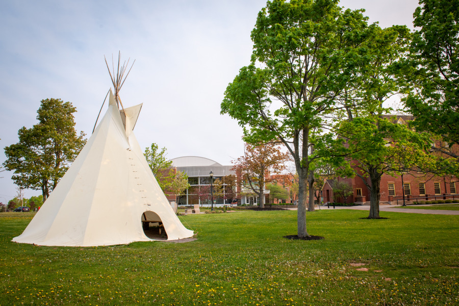 The UPEI campus is home to a tipi, an Indigenous structure that was erected between the Kelley Memorial Building and the W.A. Murphy Student Centre in the Spring of 2022. 