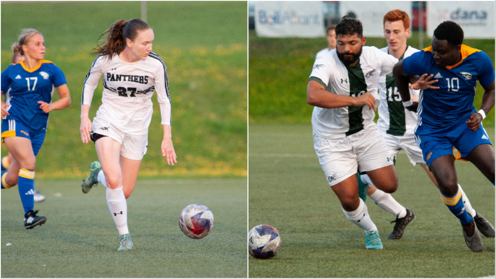 The UPEI men's and women's soccer teams will take on Moncton on Saturday for the second time in eight days, then travel to Fredericton where they'll battle it out with the UNB Reds on Sunday. photo collage of a woman and a man playing soccer