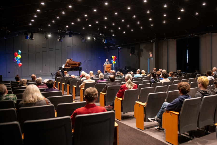 Dr. Dale Sorensen, Chair of the UPEI Music Department addresses attendees at the official grand opening of the newly revitalized Dr. Steel Recital Hall Dr. Dale Sorensen, Chair of the UPEI Music Department addresses attendees at the official grand opening of the newly revitalized Dr. Steel Recital Hall