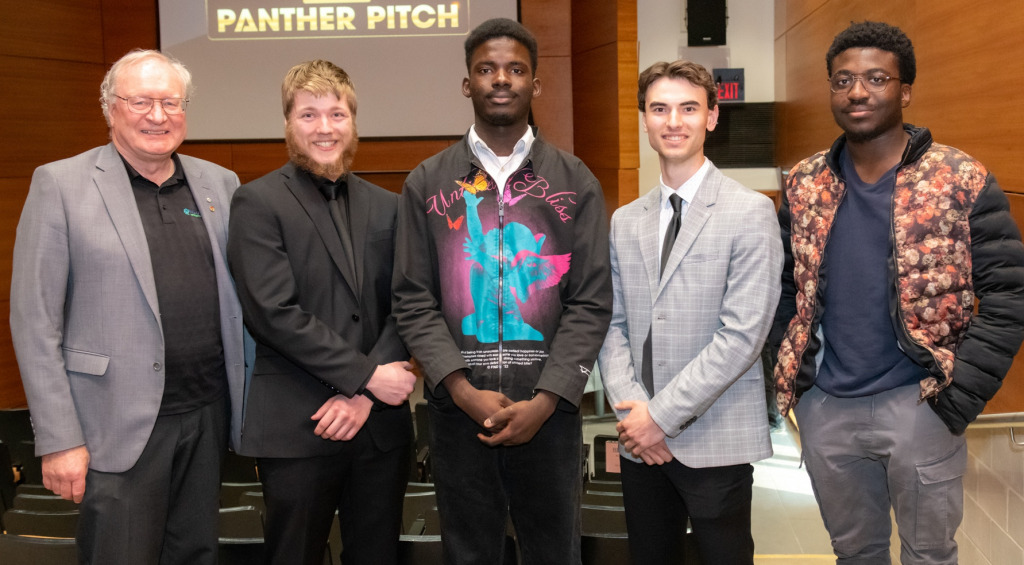 From left to right: H. Wade MacLauchlan (representing the family of Harry W. MacLauchlan) and 2023 winners Evan Hutchinson, Jerry Oriade, Matt Jelley, and Chinemerem Mbonu. From left to right: H. Wade MacLauchlan (representing the family of Harry W. MacLauchlan) and 2023 winners Evan Hutchinson, Jerry Oriade, Matt Jelley, and Chinemerem Mbonu.