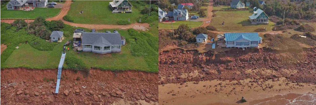 LaFortune Cottage, French Village, in 2017 (left) and May 2023 (right) post-Hurricane Fiona. Photo by Don Jardine Damage caused by Hurricane Fiona