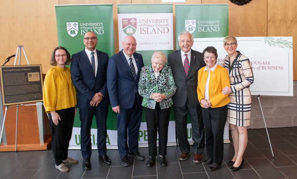 From left to right: Dr. Tina Saksida, associate professor and director of graduate programs, McDougall Faculty of Business; Dr. Tarek Mady, dean, McDougall Faculty of Business; Dr. Greg Keefe, interim president and vice-chancellor; Mrs. Marion McDougall; Dr. Don McDougall; Hon. Diane Griffin, chancellor; Ms. Myrtle Jenkins-Smith, executive director, Development and Alumni Engagement