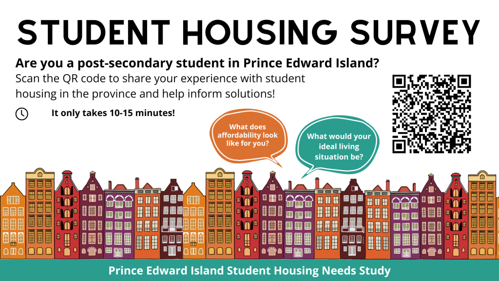 graphic with text and QR code promoting student housing survey
