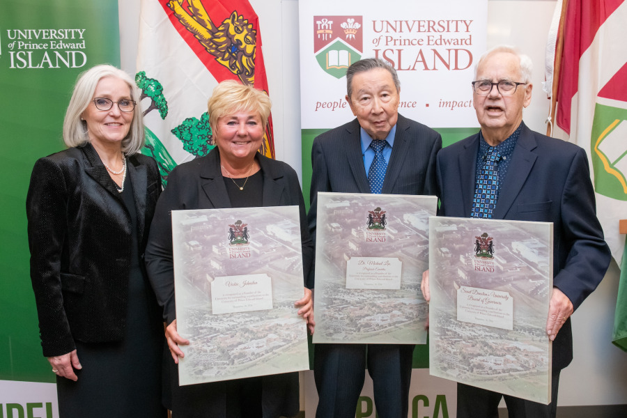 Dr. Wendy Rodgers, president and vice-chancellor of UPEI, with 2024 Founders Vickie Johnston, retired faculty member; Dr. Michael Liu, Professor Emeritus; and Bob Pierce, chair of the Saint Dunstan’s University Board of Governors. Dr. Wendy Rodgers, president and vice-chancellor of UPEI, with 2024 Founders Vickie Johnston, retired faculty member; Dr. Michael Liu, Professor Emeritus; and Bob Pierce, chair of the Saint Dunstan’s University Board of Governors.