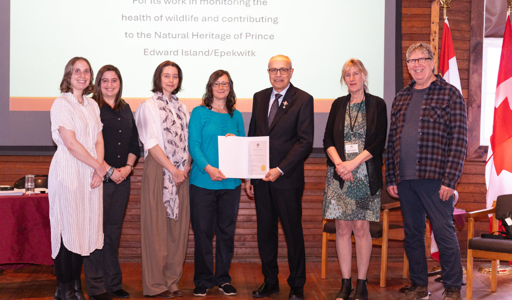 From left to right, Dr. Tessa McBurney, Darrian Washinger, Dr. Laura Bourque, Dr. Megan Jones, Honourable Dr. Wassim Salamoun, Fiep de Bie, Dr. Scott McBurney.