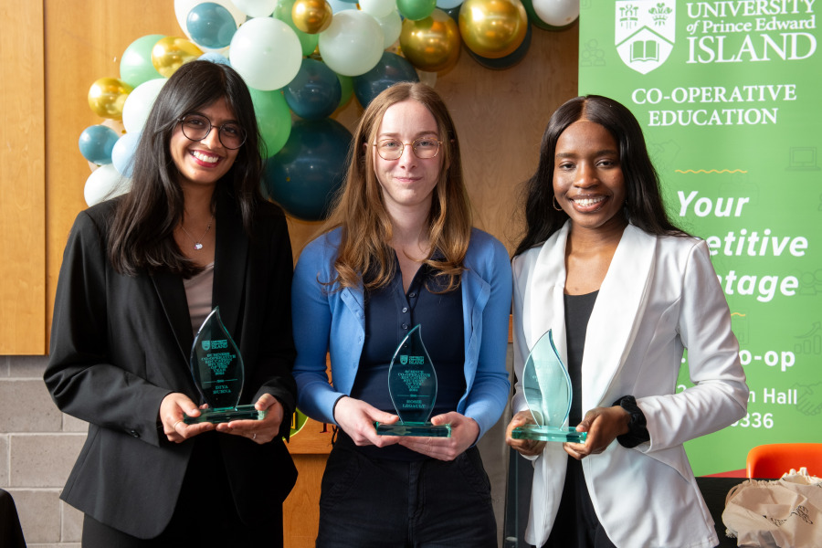 Winners of the 2024 UPEI Co-op Student Awards: Diya Bubna, UPEI Business Co-op Student of the Year; Rosie Legault, UPEI Science Co-op Student of the Year; and Carol Edzeame, UPEI Arts Co-op Student of the Year. Winners of the 2024 UPEI Co-op Student Awards: Diya Bubna, UPEI Business Co-op Student of the Year; Rosie Legault, UPEI Science Co-op Student of the Year; and Carol Edzeame, UPEI Arts Co-op Student of the Year.