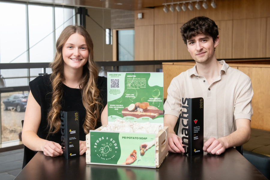 Maggie McNeil and Samuel Harding, co-presidents of Enactus-UPEI display their award-winning potato soap