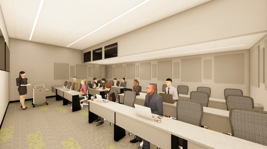 Rendering of a high-tech classroom allowing UPEI-based Memorial medical students to seamlessly interact with classmates in St. John's, NL. concept rendering of a classroom with people sitting at desks