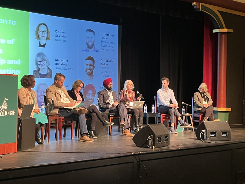 Dr. Marva Sweeney-Nixon (left) moderated a panel discussion at the launch of UPEI’s new Master of Cleantech Leadership and Transformation program on March 24 in Georgetown, PEI. The panel included UPEI faculty members Dr. Nick Mercer, Dr. Tina Saksida, Dr. Kuljeet Grewal, Dr. Pamela Courtney-Hall, Dr. Sébastien Parker, and Dr. Laurie Brinklow. Panelists holding discussion