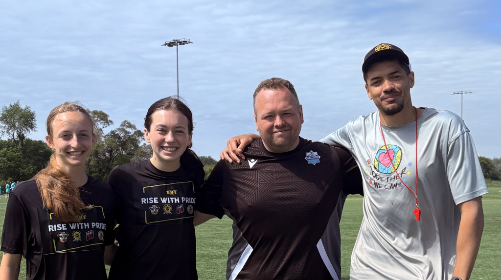 UPEI’s Juliette Bader, Lydia Hamill, and Jed Davies, with Austin Rise FC coach Onua Obasi UPEI’s Juliette Bader, Lydia Hamill, and Jed Davies, with Austin Rise FC coach Onua Obasi