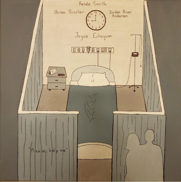 "Unseen and Unheard," by second-year accelerated nursing student Emma Hurry, reflects on the absence of care, systemic racism, and ethical failures in Canadian health care through the empty hospital bed of Joyce Echaquan and others like her. Art work by Emma Hurry