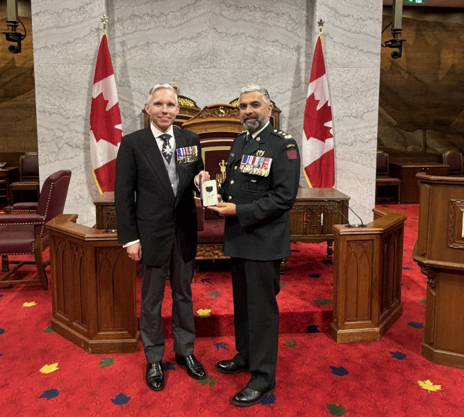 Dr. Christopher McCreery (left), Deputy Chancellor of the Order of St. John for the Priory of Canada and Vice-Chair of St. John Ambulance Canada presented Dr. Trevor Jain (right) with the Order of St. John on June 21 at the Senate of Canada Building, Ottawa. Dr. Christopher McCreery (left), Deputy Chancellor of the Order of St. John for the Priory of Canada and Vice-Chair of St. John Ambulance Canada presented Dr. Trevor Jain (right) with the Order of St. John on June 21 at the Senate of Canada Building, Ottawa.