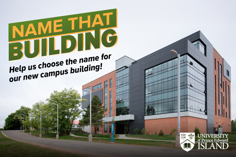 Photo of new campus building with text "Name that Building"