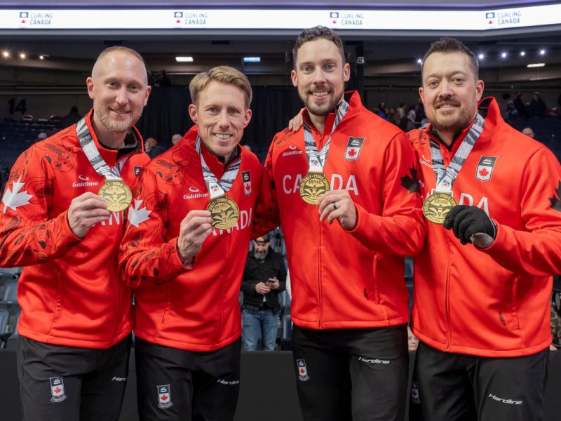 The Brad Jacobs-skipped rink earned Canada's berth in four-person men's curling at the 2026 Winter Olympic Games in Italy from Feb. 6 to 22. Team members are, from left: Jacobs, third stone Marc Kennedy, second stone Brett Gallant and lead Ben Hebert. PHOTO BY ANDREW KLAVER/CURLING CANADA