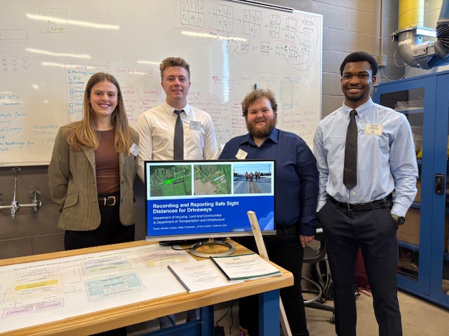 Third-year FSDE student team members Abby Chapman, Jimmy Hulton, Tyson Ashton-Losee, and Kelenna Udo with their project, “Reporting Safe Sight Distances for Driveways”.