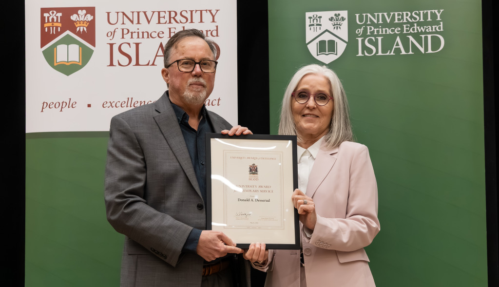 Dr. Don Desserud, Chair/Professor, Political Science, was presented with the University Award for Exemplary Service in the faculty category by Dr. Wendy Rodgers, UPEI President and Vice-Chancellor during the 2026 Celebration of Colleagues on May 21.