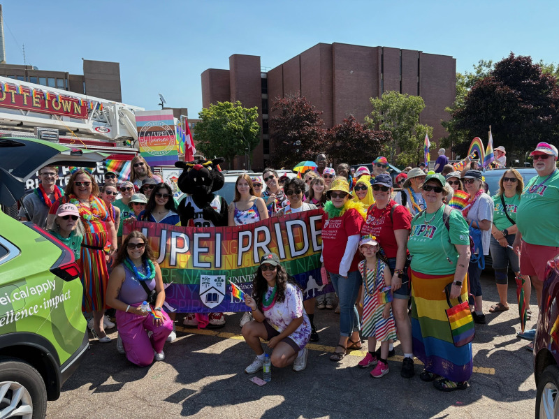 Group of people wearing colourful clothing and carrying Pride