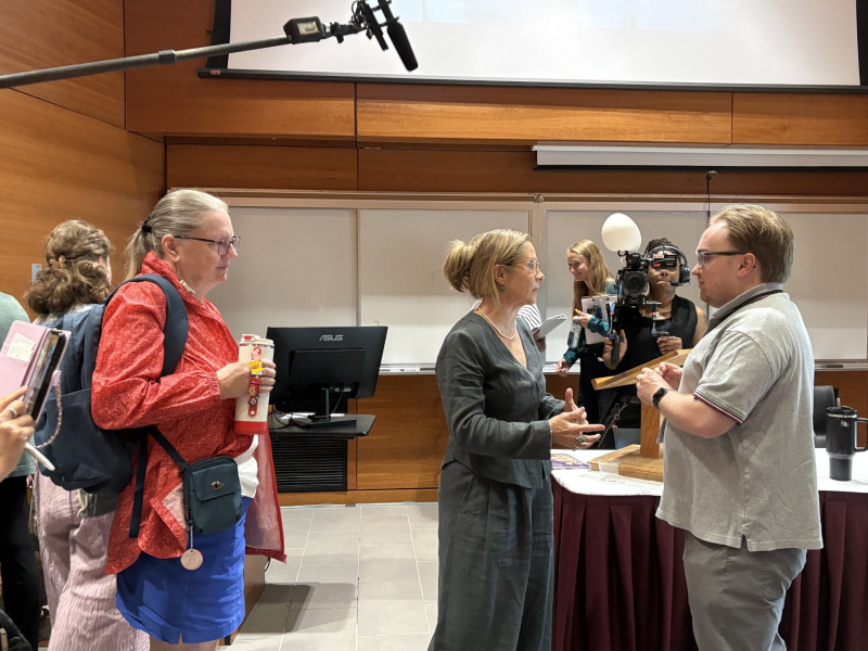 Megan Follows speaks to a fan at the L.M. Montgomery conference