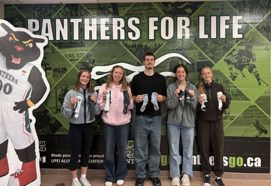UPEI Panthers from left to right: Kadynce Ashton (women's rugby), Emma Parker (women's soccer), Hugo Bermejo (men's basketball), Lydia Hamill (women's soccer), and Juliette Bader (women's soccer)