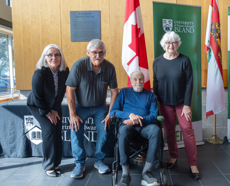 Left to right: Dr. Wendy Rodgers, UPEI President and Vice-Chancellor; with Len Doucette, Dr. Don Mazer, and Sharon Reesor, wife of the late Dr. Alan Reesor